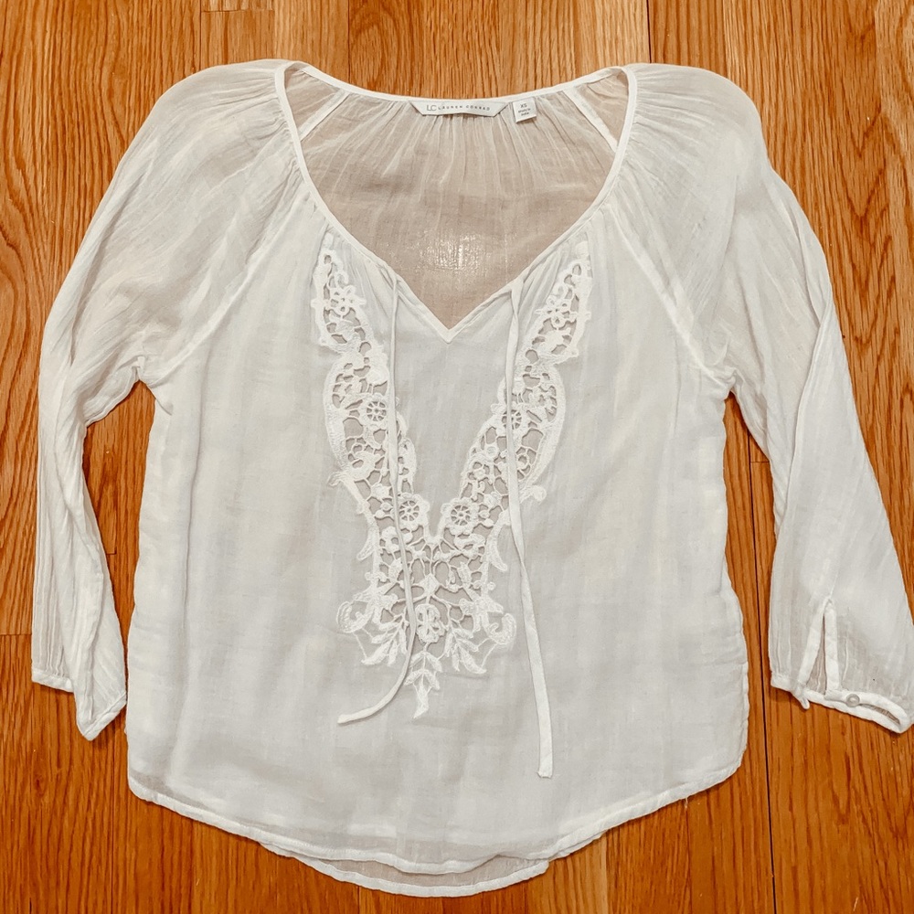 Lauren Conrad semi sheer peasant top blouse
